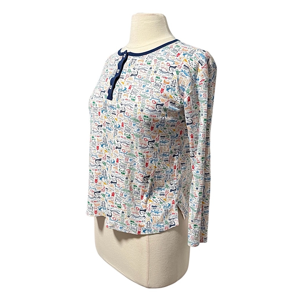 Women's Long Sleeve Printed Henley Pajama Top - Navy Trim - Picture 3 of 10